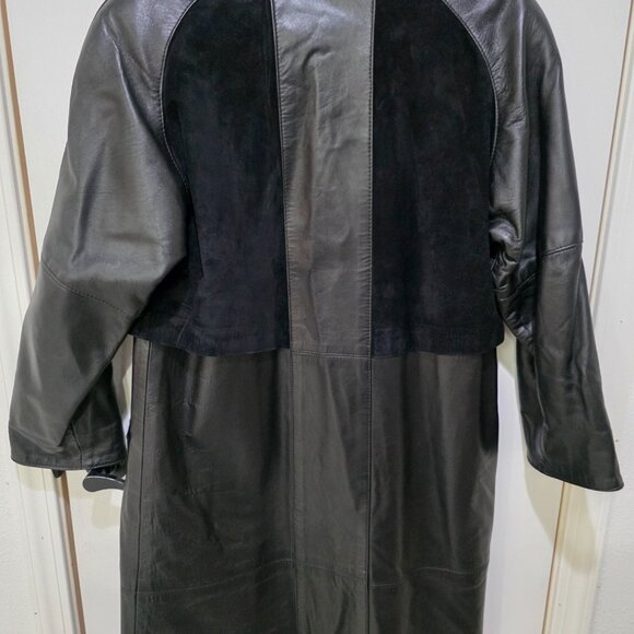 The Old Mill Black Leather Long Jacket XS 100% Leather Vintage Trench Coat Suede - Picture 10 of 11